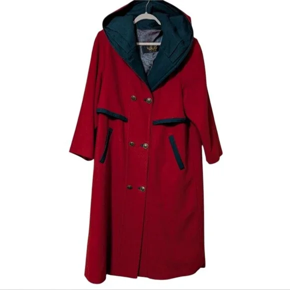 Searle Vintage Red-Orange Wool Coat Hooded Double Breasted Lined size 40 / 10 US - Picture 10 of 10